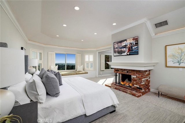 6304 E E W View Dr, Orange, CA 92869 - carpeted bedroom featuring ornamental molding, a brick fireplace, recessed lighting, and baseboards