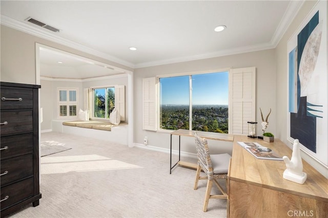 6304 E E W View Dr, Orange, CA 92869 - office area with crown molding, baseboards, recessed lighting, and carpet floors