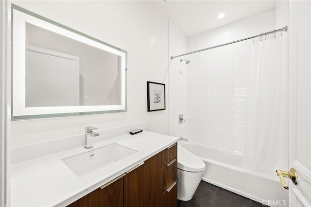 1310 N Detroit St Unit 405, Los Angeles, CA 90046 - bathroom with shower / bathtub combination with curtain, vanity, tile patterned floors, toilet, and recessed lighting