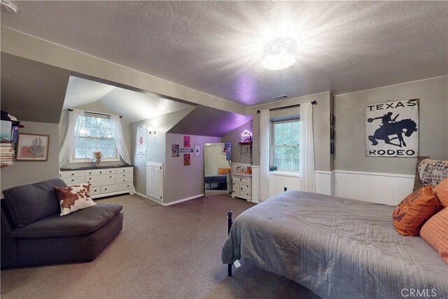 carpeted bedroom with a textured ceiling, wainscoting, vaulted ceiling, and multiple windows