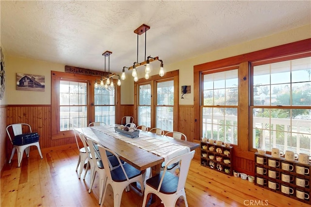 1473 Willow Rd, Nipomo, CA 93444 - dining space with wainscoting, a textured ceiling, light wood-style flooring, wooden walls, and healthy amount of natural light