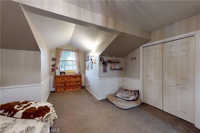 carpeted bedroom featuring vaulted ceiling, wainscoting, and a closet