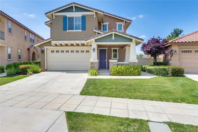 26121 Citron St, Loma Linda, CA 92354 - craftsman house featuring a garage, stone siding, a front yard, concrete driveway, and a porch