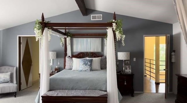 61 Paseo Esplendido, Camarillo, CA 93010 - bedroom with vaulted ceiling with beams, carpet, and visible vents