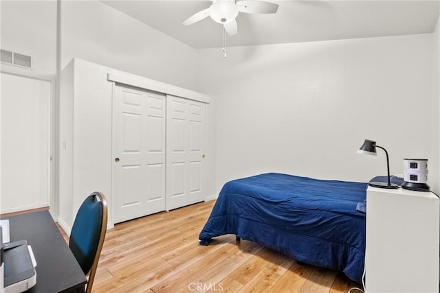 27828 Spyglass Ln, Canyon Country, CA 91351 - bedroom featuring visible vents, a closet, ceiling fan, light wood finished floors, and vaulted ceiling