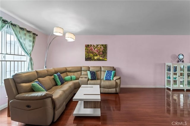 living room with baseboards and wood finished floors
