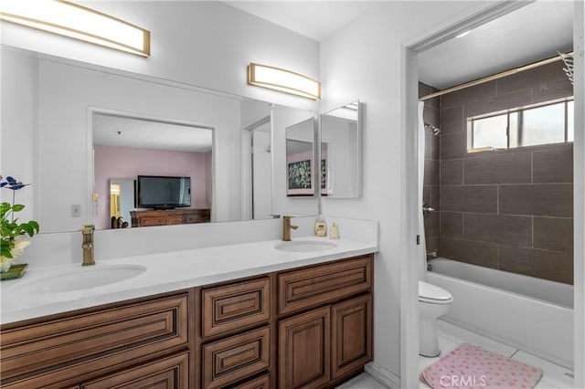 full bathroom with a sink, double vanity, toilet, and shower / bath combination with curtain