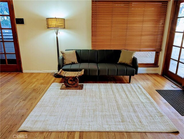 living area featuring baseboards and wood finished floors