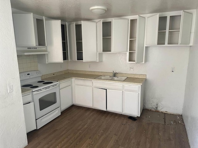 kitchen featuring open shelves, white electric range, a sink, under cabinet range hood, and dark wood-type flooring