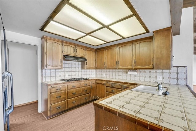 30062 Grandpoint Ln, Rancho Palos Verdes, CA 90275 - kitchen featuring a sink, stainless steel gas stovetop, under cabinet range hood, tasteful backsplash, and brown cabinetry