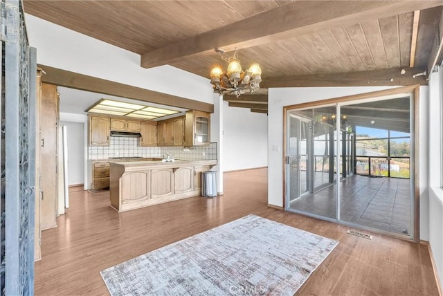 30062 Grandpoint Ln, Rancho Palos Verdes, CA 90275 - kitchen with a chandelier, wood ceiling with exposed beams, a peninsula, under cabinet range hood, and wood finished floors
