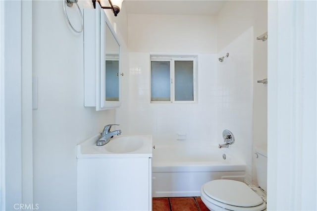 bathroom with vanity, tile patterned floors, tub / shower combination, and toilet