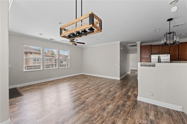 15427 Park Point Ave Unit 110, Lake Elsinore, CA 92532 - unfurnished living room with ornamental molding, ceiling fan, a chandelier, dark wood finished floors, and baseboards