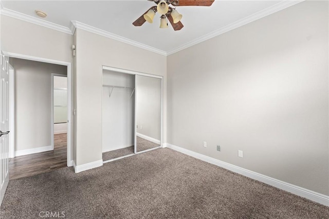 15427 Park Point Ave Unit 110, Lake Elsinore, CA 92532 - unfurnished bedroom with carpet, crown molding, baseboards, a closet, and ceiling fan