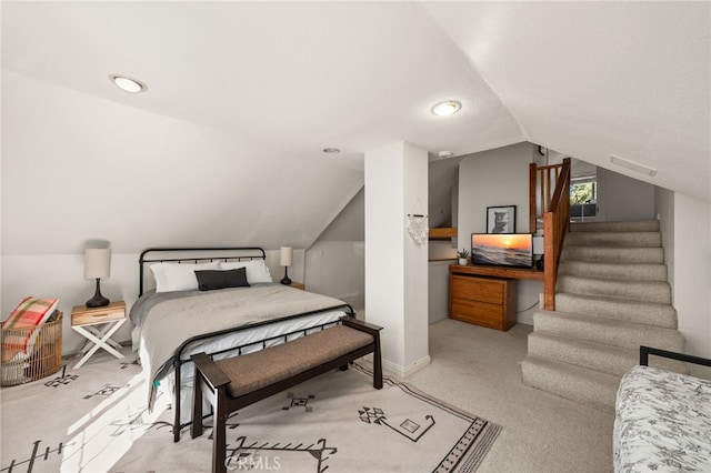 bedroom featuring recessed lighting, baseboards, light carpet, and lofted ceiling