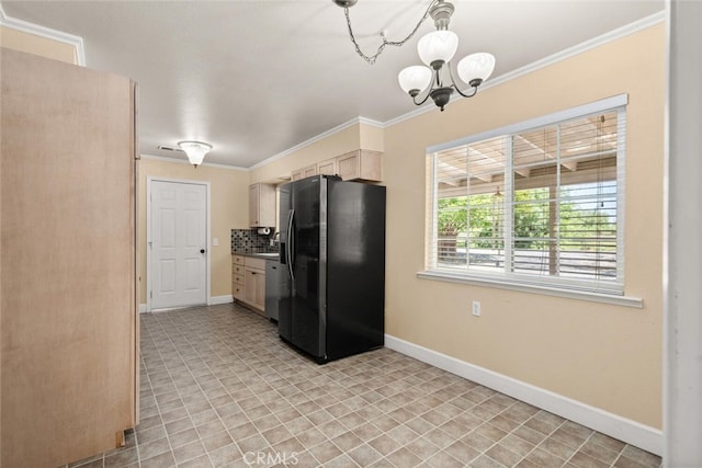 9137 Midway, Durham, CA 95938 - kitchen featuring black fridge with ice dispenser, dishwasher, baseboards, a notable chandelier, and ornamental molding