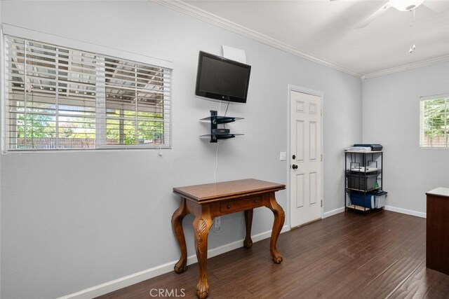 9137 Midway, Durham, CA 95938 - interior space with crown molding, baseboards, a ceiling fan, and dark wood-style flooring
