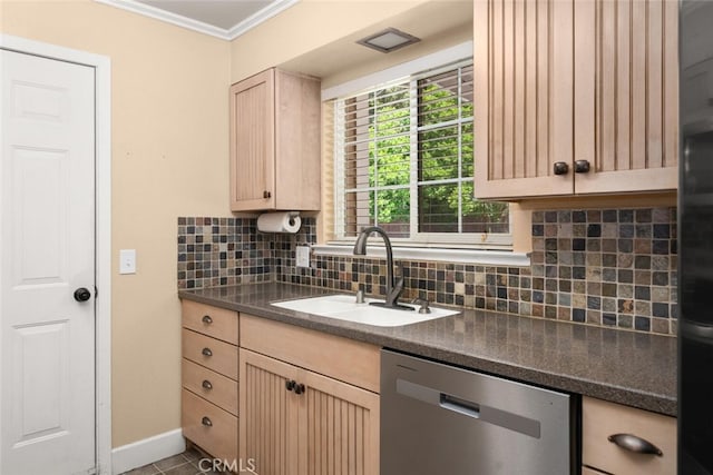 9137 Midway, Durham, CA 95938 - kitchen featuring stainless steel dishwasher, decorative backsplash, ornamental molding, light brown cabinetry, and a sink