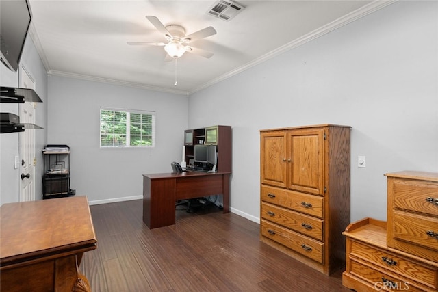 9137 Midway, Durham, CA 95938 - office area with ceiling fan, ornamental molding, dark wood-type flooring, and visible vents