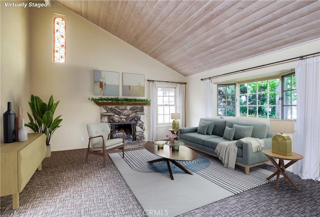 living room featuring a fireplace, high vaulted ceiling, carpet, baseboards, and wood ceiling