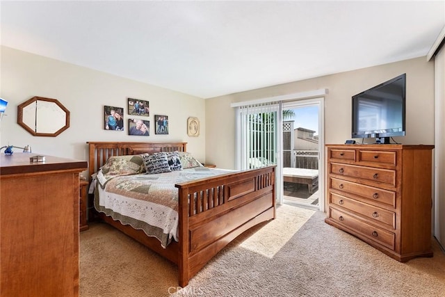 bedroom with access to exterior and light carpet
