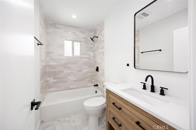 bathroom with visible vents, vanity, marble finish floor, toilet, and  shower combination