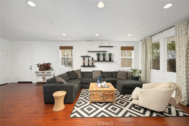 living room featuring recessed lighting and wood finished floors