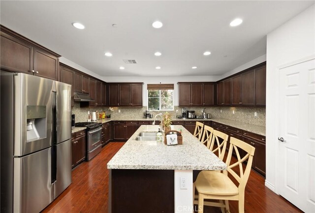 kitchen featuring dark brown cabinetry, a sink, an island with sink, stainless steel appliances, and under cabinet range hood