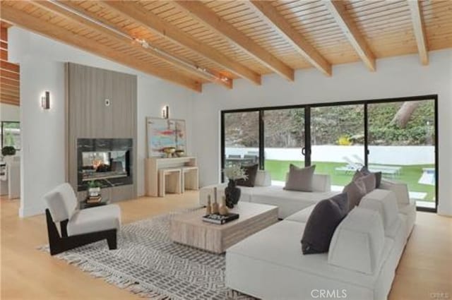 living area with a multi sided fireplace, wood finished floors, and a wealth of natural light