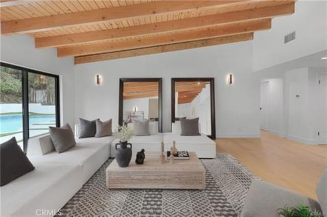 living area featuring wood ceiling, visible vents, wood finished floors, baseboards, and vaulted ceiling with beams