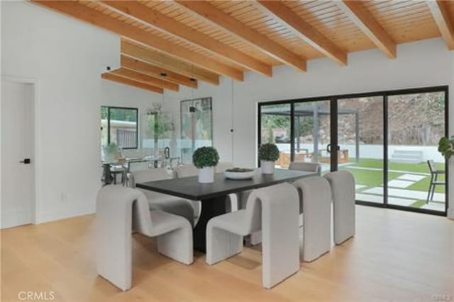 dining room with wood ceiling, lofted ceiling with beams, french doors, and wood finished floors