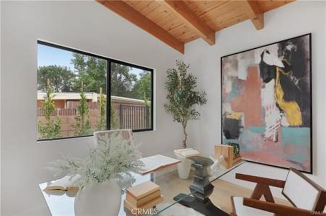 office with wooden ceiling and beam ceiling