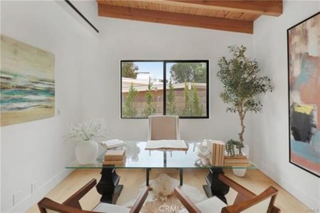office with vaulted ceiling with beams, wood ceiling, and baseboards