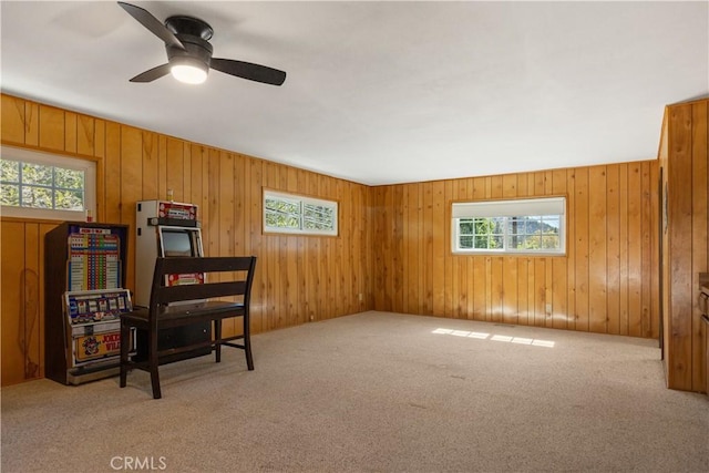 sitting room with wooden walls, carpet, and a wealth of natural light