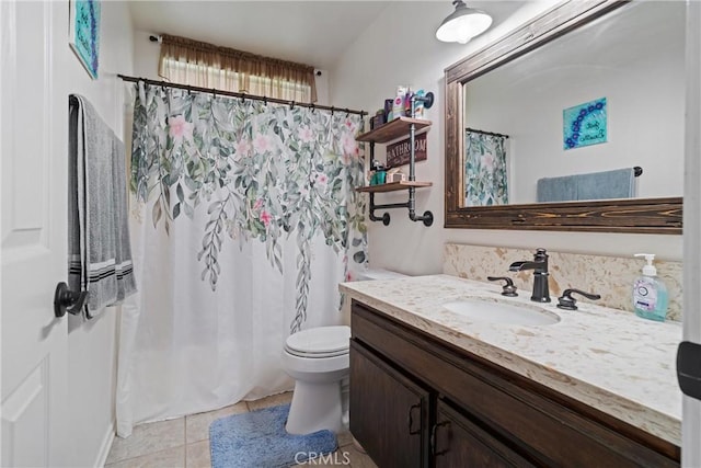full bath featuring vanity, tile patterned flooring, a shower with curtain, and toilet
