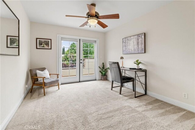 office featuring baseboards, ceiling fan, french doors, and carpet