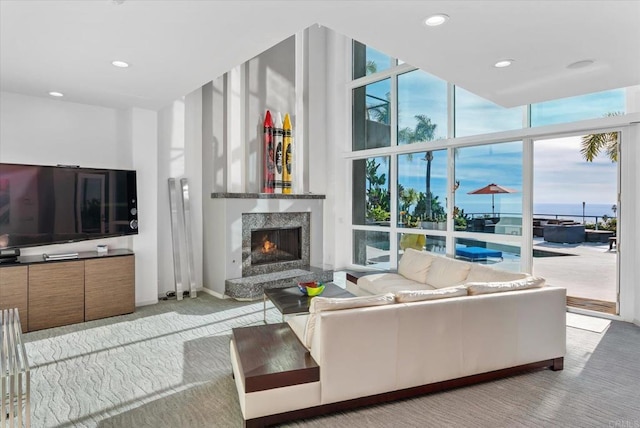 living area with carpet floors, floor to ceiling windows, and a healthy amount of sunlight