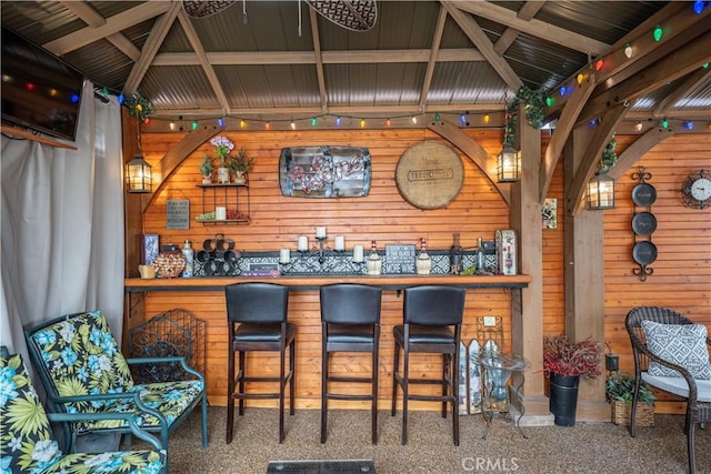 bar featuring wood walls, a dry bar, and carpet