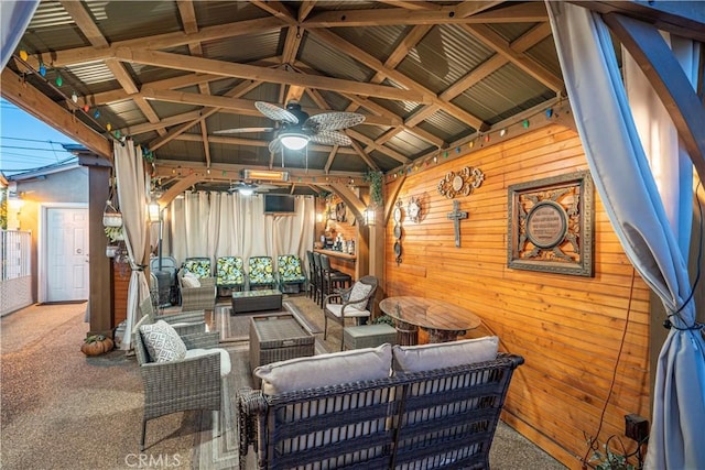 view of patio / terrace with an outdoor hangout area, a gazebo, and ceiling fan