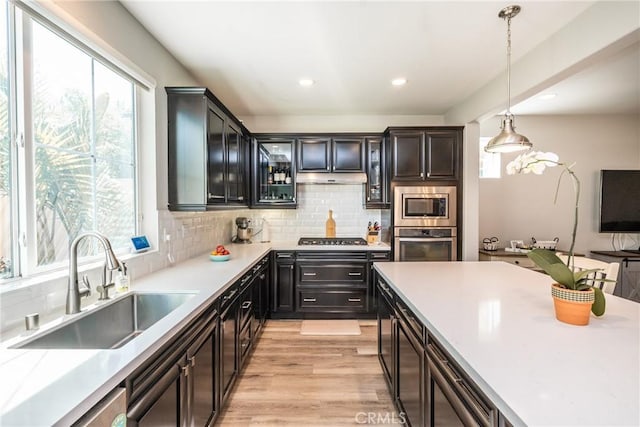 kitchen featuring decorative light fixtures, appliances with stainless steel finishes, tasteful backsplash, a sink, and under cabinet range hood