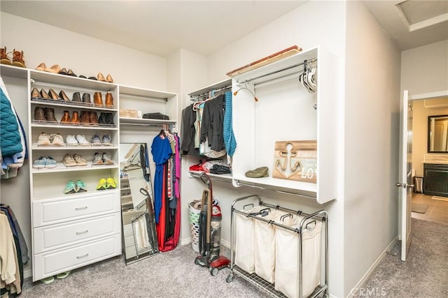 walk in closet with carpet floors and attic access