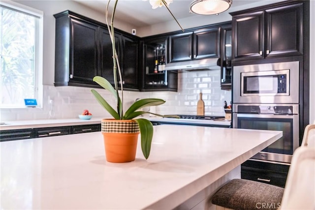 kitchen featuring backsplash, light countertops, under cabinet range hood, dark cabinets, and stainless steel appliances