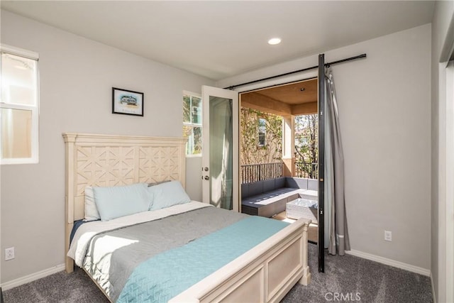 bedroom with access to outside, baseboards, recessed lighting, and dark colored carpet