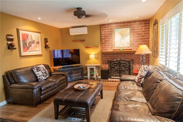 3139 E Chapman Ave Unit 14A, Orange, CA 92869 - living room with a wall mounted air conditioner, healthy amount of natural light, wood finished floors, baseboards, and recessed lighting