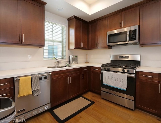 kitchen featuring dark brown cabinets, a sink, light wood finished floors, light countertops, and stainless steel appliances