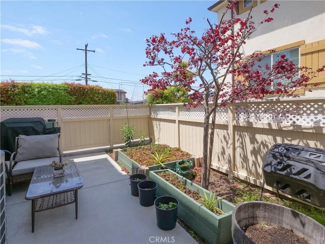 view of patio featuring fence private yard and a vegetable garden
