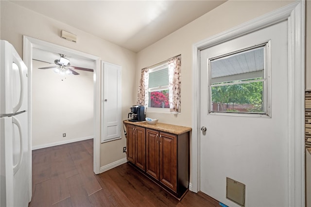 doorway to outside with baseboards, dark wood-style flooring, ceiling fan, and a healthy amount of sunlight