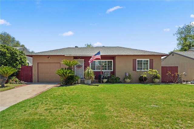 single story home with fence, a front lawn, a garage, stucco siding, and driveway
