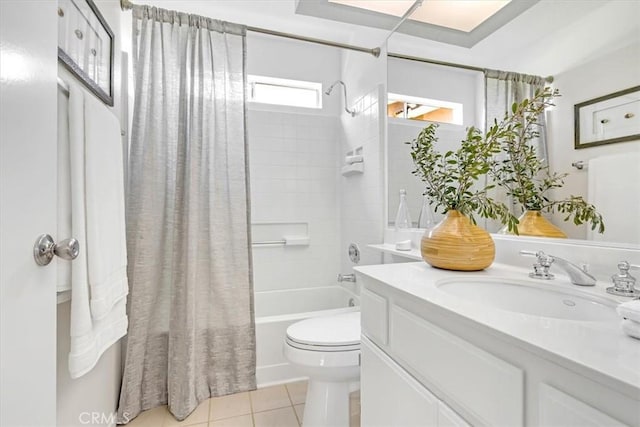 full bathroom featuring tile patterned flooring, shower / bath combination with curtain, toilet, and vanity