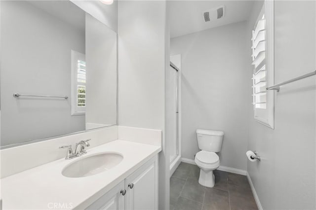 bathroom with visible vents, tile patterned flooring, baseboards, toilet, and a shower with door